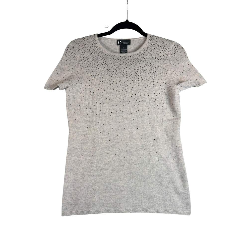 C by Bloomingdales Cashmere Sweater Womens XS Gray Rhinestone Short Sleeve Knit